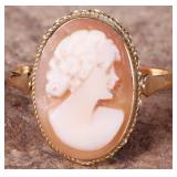 14K YELLOW GOLD ENAMEL CAMEO PORTRAIT LADIES RING