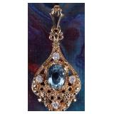 14K YELLOW GOLD LADIES PENDANT W/ DIAS & AQUAMARIN