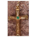 18K YELLOW GOLD EMERALD LADIES CROSS NECKLACE