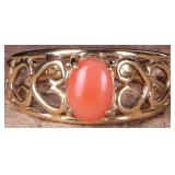 14K YELLOW GOLD CORAL HEART FILIGREE LADIES RING