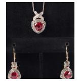 STERLING SILVER RUBY LADIES EARRING & NECKLACE SET