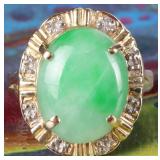 14K YELLOW GOLD LADIES RING W/ JADE & DIAMONDS