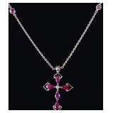 14K YELLOW GOLD RUBY DIAMOND LADIES CROSS NECKLACE