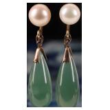 14K YELLOW GOLD LADIES EARRINGS W/ JADE & PEARL