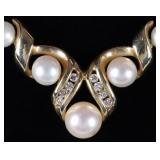 14K YELLOW GOLD PEARL NECKLACE W/ DIAMONDS