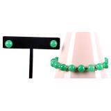 CHINESE GREEN JADE BEADED BRACELET & EARRINGS