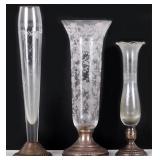 ANTIQUE WEIGHTED STERLING SILVER GLASS BUD VASES