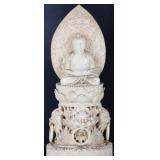 VINTAGE CARVED BUDDHA STATUE ATOP FOO DOG STATUE.