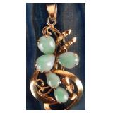 14K YELLOW GOLD GREEN JADE LADIES PENDANT