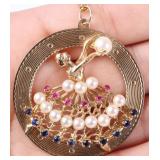 18GRAM 14K PEARL SAPPHIRE RUBY BALLERINA  PENDANT