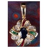 14K YELLOW GOLD PENDANT W/ SAPPH EMERLD RUBY DIAS