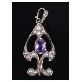 ANTIQUE 14K YELLOW GOLD AMETHYST PEARL PENDANT