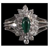 14K WHITE GOLD EMERALD NATURAL DIAMOND LADIES RING