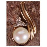 14K YELLOW GOLD PEARL DIAMOND LADIES PENDANT