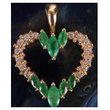 14K YELLOW GOLD EMERALD DIAMOND HEART PENDANT