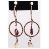 14K YELLOW GOLD LADIES EARRINGS W GARNET & CITRINE