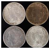 ASSORTED 90% SILVER MORGAN/ PEACE DOLLARS - (4)