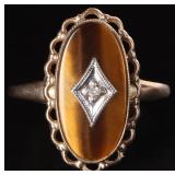 10K YELLOW GOLD LADIES RING W/ TIGER EYE & DIAMOND