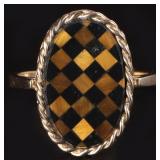 TIGERS EYE & ONYX CHECKERED 10K GOLD LADIES RING