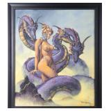 VON TIPTON OIL ON CANVAS OF A NUDE WOMAN & DRAGONS