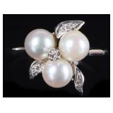 14K WHITE GOLD FLORAL RING W/ PEARLS & DIAMONDS