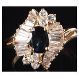 14K YELLOW GOLD LADIES RING W/ BLUE SAPPH & DIAS