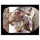 10K YELLOW/WHITE GOLD MENS PANTHER RING W/ RUBY