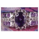 STERLING SILVER LADIES RING W/ PURPLE SPINEL GEMS