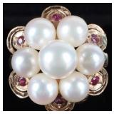 7.6-6.0MM PEARL & RUBY 14K YELLOW GOLD RING