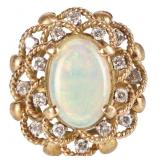 14K YELLOW GOLD OPAL DIAMOND FILIGREE LADIES RING