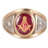 14K YELLOW GOLD RUBY DIAMOND MEN'S FREEMASON RING