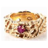 14K YELLOW GOLD BRUTALIST LADIES RING W .33CT RUBY