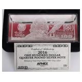 4 TROY OZ FINE SILVER APMEX $100 DOLLAR BAR W CERT