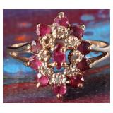 10K YELLOW GOLD LADIES RING W/ DIAMONDS & RUBIES