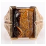 10K YELLOW GOLD CARVED TIGERS EYE MEN'S RING