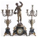 MANTEL CLOCK & 2 CANDELABRAS SET MARBLE BRONZE