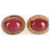 14K CABOCHON RASBERRY PINK GLASS STUD EARRINGS