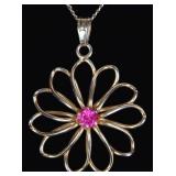 10K YELLOW GOLD FLORAL LADIES NECKLACE W/ RUBY