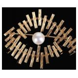 ABSTRACT 14K YELLOW GOLD LADIES BROOCH W/ PEARL