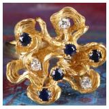 18K YELLOW GOLD SAPPHIRE DIAMOND LADIES CORAL RING