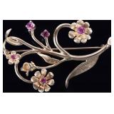 14K YELLOW GOLD FLORAL BROOCH W/ FIVE RUBY GEMS