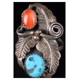 0.925 SILVER SOUTHWEST NAVAJO TURQUOISE CORAL RING