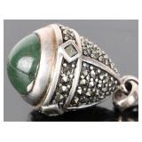 STERLING SILVER GREEN JADE MARCASITE PENDANT