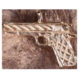 14K YELLOW GOLD MENS GUN PENDANT ETCHED DECOR