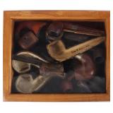 ANTIQUE TOBACCO PIPES AND CASES IN DISPLAY BOX