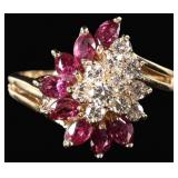 14K YELLOW GOLD LADIES RING W/ DIAMONDS & RUBIES
