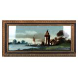 LIGHTHOUSE W/ BOAT ON A LAKE FRAMED PAINTING