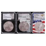 FINE SILVER 1OZT AMERICAN EAGLES NGC MS-70 - (3)