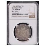 1906 NORWAY 2K INDEPENDENCE 80% SILVER NGC AU DET