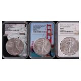 FINE SILVER 1OZT AMERICAN EAGLES NGC MS-70 - (3)